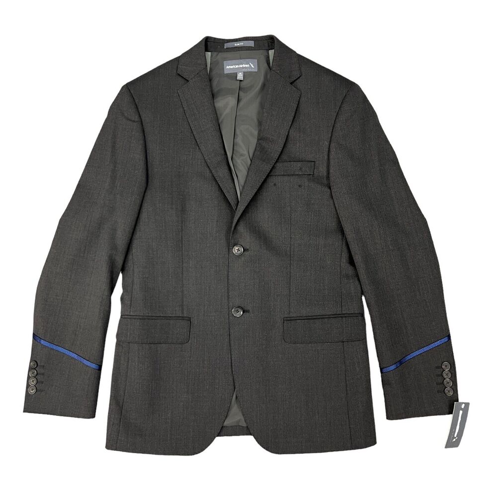 American Airlines Suit Jacket Mens 38R Dark Charcoal 2 Button SLIM Fit Striped